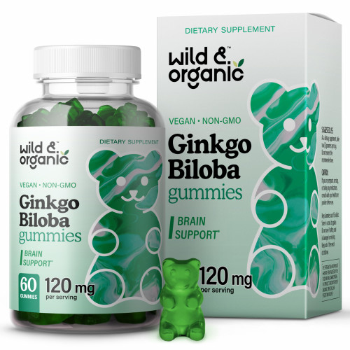 Wild & Organic Gingko Biloba 120mg Gummies - Brain Support and Focus Supplement w/Ginkgo Biloba Extract - Vegan, Non-GMO - 60 Pectin-Based Herbal Chewables
