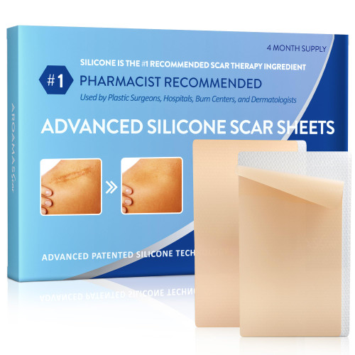 Aroamas Scar Silicone Scar Tape– Softens & Flattens Scars from Surgery, Injury, Burns, C-Section, Scratch Marks – Reusable Medical-Grade Silicone Scar Sheets for All Skin Types [3"x1.57", 8 Sheets]