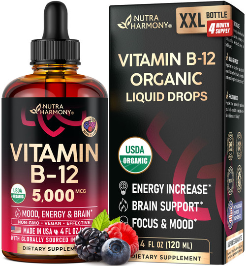 USDA Organic Vitamin B12 Sublingual Drops - 5000 mcg Liquid Vegan Methylcobalamin for Women & Men - Energy Boost, Focus & Mood, Brain Health Support - Maximize Absorption - 4 Month Supply, 4 fl oz