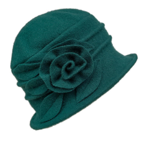Wool Cloche Hat for Women Winter Bucket Hat 1920s Vintage Floral Fedoras Hat(Green)