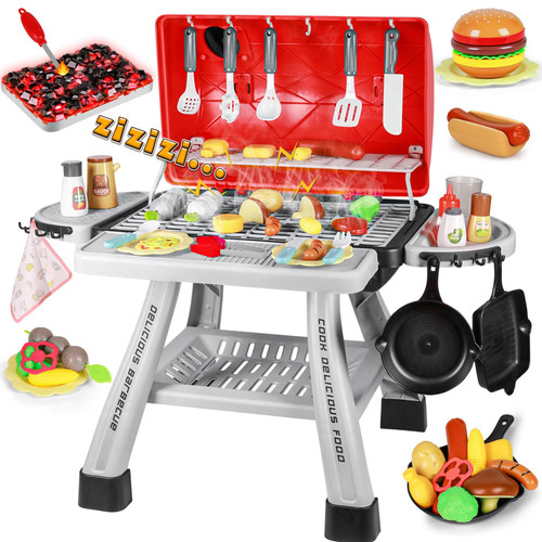 2025 Kids Kitchen Playset Toy Grill BBQ with Smoke Light Pretend Play Food Toys Cooking Set 2-Layer Barbecue Gifts for Toddler Boys Girls 3-5 6 7