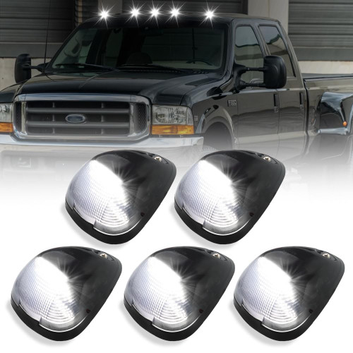 OFFKAT New LED Cab Roof Marker Lights Top Clearance Running Lights for F250 F350 F450 F550 Super Duty 1999-2016, F650 F750 2004-2017, Smoked Lens White LED Cab Marker Lamps, 5 PCS