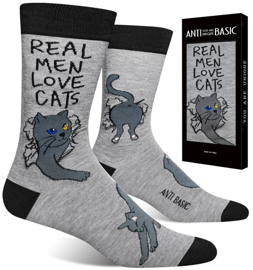 ANTI BASIC Funny Cat Dad Socks for Men - Novelty Socks -Real Men Love Cats Cute Gifts for Cat Lovers Husband Boyfriend Father's Day Christmas(Size 7-12) (grey cat-black toe)