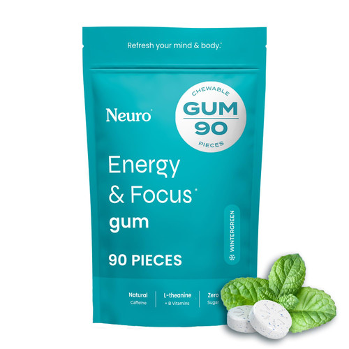 Neuro Energy & Focus Gum - 40mg Natural Caffeine Gum & Nootropic Energy Supplement with L-Theanine & B Vitamins - Sugar Free, Vegan - Wintergreen, 90ct