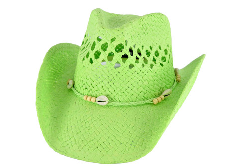 Women's Straw Cowgirl Western Hat with Shapeable Brim, Shell Trim Accent (US, Alpha, One Size, Lime Green)