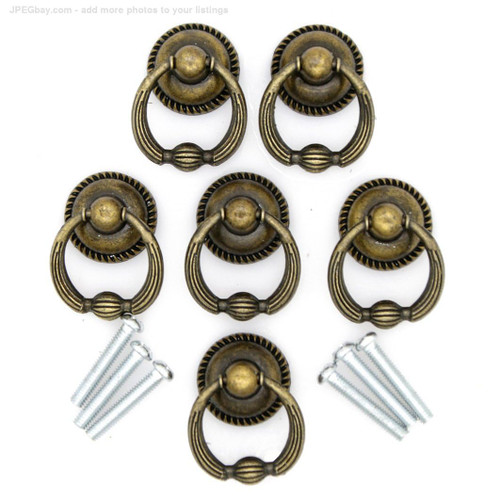 LXZ 6 PCs Vintage Antique Brass Drop Ring Pulls -Drawer Ring Handles – Ring Pull with Single Mounting Hole - Small Size, Ring Size 1-in (26 mm), Pull Height 1.5-in (37 mm)