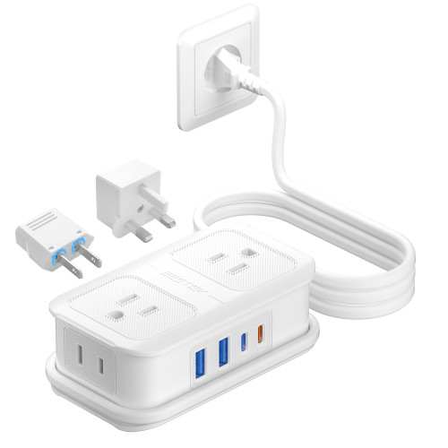 BESTEK European Travel Plug Adapter: - 4 Outlets 4 USB Ports (2 USB C) with 3.6FT Wrapped Short Extension Cord, Small Portable Desktop Charging Station, Compact for Hotel Travel Cruise Essentials
