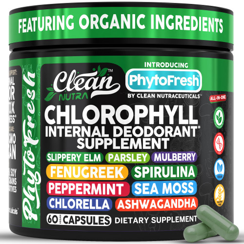 Clean Nutra Chlorophyll Capsules Supplement Internal Deodorant Peppermint, Sea Moss, Parsley, Chlorella, Spirulina, Slippery Elm, Ashwagandha, PhytoFresh Greens Detox Pills
