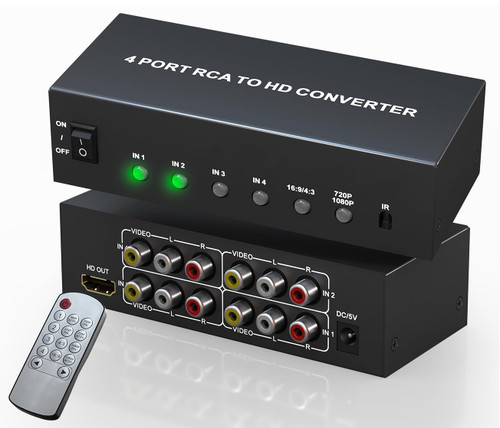 Multiple RCA to HDMI Converter - 4 Port Red White Yellow Composite Component to HDMI Converter for N64/Smart TV/AUX/PS2/PS3/VHS/VCR/DVD Players, Support 4:3/16:9 1080P/720P RCA AV to hdmi Switch