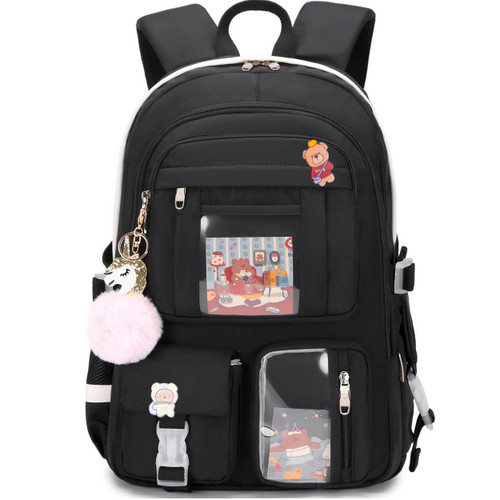 Backpack for Girls with Accessories Laptop Bookbags 16 Inch Kawaii Kids Elementary Middle High School Bag College Travel Daypack Gifts for Teens Women Students (Black)