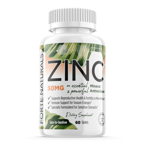 FORTE NATURALS Zinc 50mg, (60 Tablets), Specially Formulated for Sensitive Stomach, Immune Support, Skin & Hair, Vegan Zinc Supplement, Non-GMO Made in USA