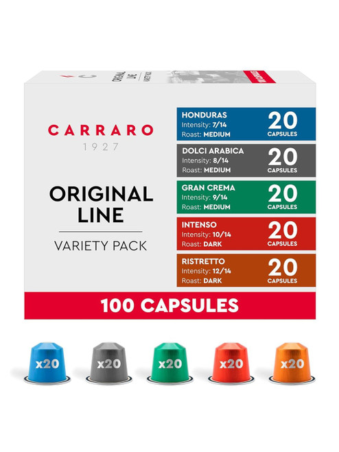 CARRARO 1927 Variety Pack Delicious Espresso Capsules - 100 Aluminum Espresso Pods Compatible with Nespresso Original line, Medium and Dark Roast, Made in Italy CARRARO 1927 Variety Pack Delicious Espresso Capsules - 100 Aluminum Espresso Pods Compatible with Nespresso Original line, Medium and Dark Roast, Made in Italy