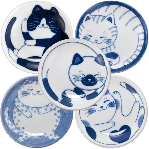LOVE LOVE JAPAN Dessert Sushi Soy Sauce Salad Small Plate Set Ceramic Cats Design Set of 5 Made In Japan Sleeping Cat-1765338222