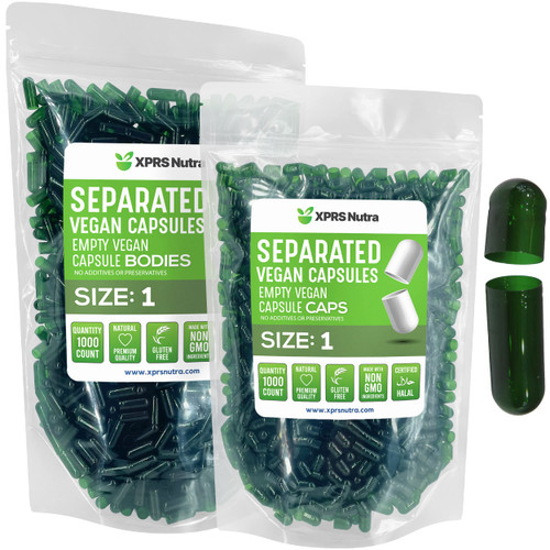 XPRS Nutra Vegan Size 1 Separated Capsules - 1000 Count Premium Empty Capsules Separated in Bags - Pills 1 for DIY Supplement Filling (Forest Green)