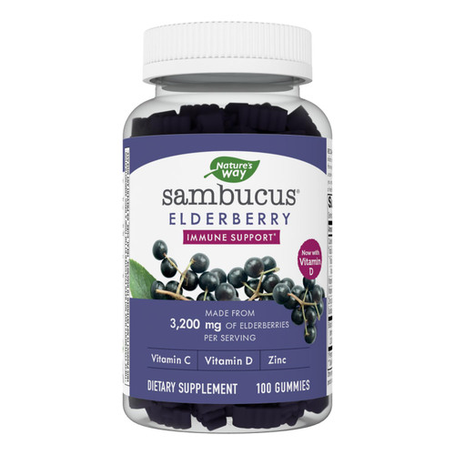 Nature's Way Sambucus Elderberry Gummies - Immune Support Supplement for Kids & Adults* - With Vitamins C, D3, Zinc & Antioxidant Support* - Gluten Free & Vegetarian - 100 Gummies
