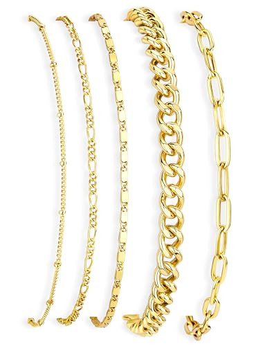 Gokeey Gold Bracelets for Women Trendy 14K Gold Plated Jewelry Sets Stack Dainty Stackable Paperclip Cuban Figaro Chain Bracelets Pack Layered Link Chain Bracelet for Women Cute 5pcs Adjustable-1765340805