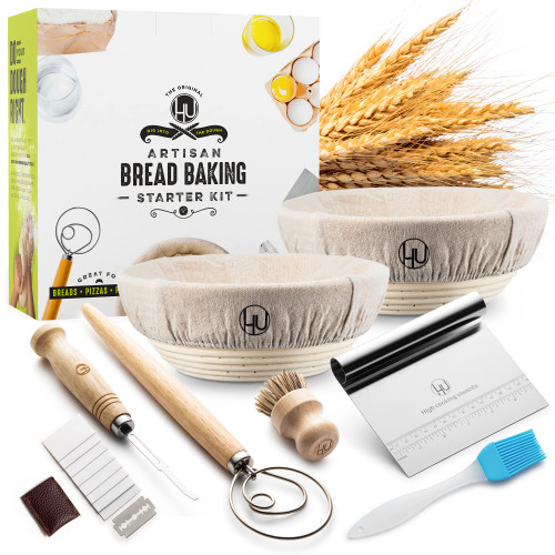 Sourdough Start Kit - Sourdough Bread Baking Supplies with Banneton Bread Proofing Basket Bowl, Cloth, Whisk, Bread Lame, Dough Scraper, 2 Brushes - Sourdough Starter Kit Bread Making & Baking Tools