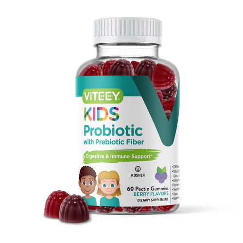 Viteey Probiotic Gummies for Kids Plus Prebiotics Fiber - 2 Billion CFUs - Digestive Health,Gut Health, Constipation Relief for Kids Support - Vegan, Gelatin Free - Chewable Probiotic Berry Flavored