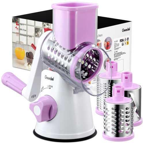 Geedel Rotary Cheese Grater, Kitchen Mandoline Vegetable Slicer with 3 Interchangeable Blades, Easy to Clean Rotary Grater Slicer for Fruit, Vegetables, Nuts