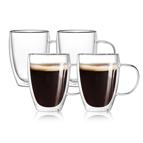 4-Pack 12 Oz Double Walled Glass Coffee Mugs with Handle, Insulated Layer Coffee Cups, Clear Borosilicate Glass Mugs, Gift for Cappuccino,Tea,Latte,Espresso,Hot Beverage,Wine, Microwave Safe, Set of 4-1765341490