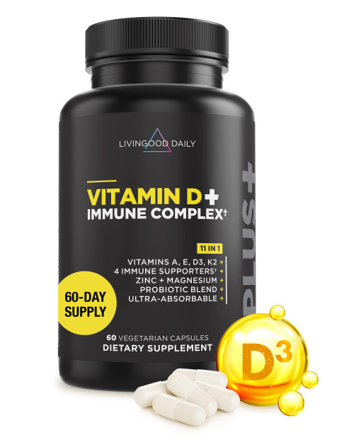 Livingood Daily Vitamin D + Immune Complex, Made with Vitamin D3 K2, Zinc, Magnesium, Vitamins E & A and Probiotics, Immune Support Supplement, Advanced Absorption, Gluten Free, Non GMO, 60 Capsules