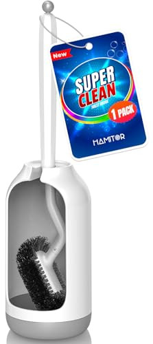 HAMITOR Toilet Bowl Brush Holder Set: Bathroom Deep Cleaning Toilet Cleaner Scrubber Under Rim with Curved Bristle for Dead Corner Clean - Hidden Rv Toilet Decorative Accessories with Caddy- White-1765342341