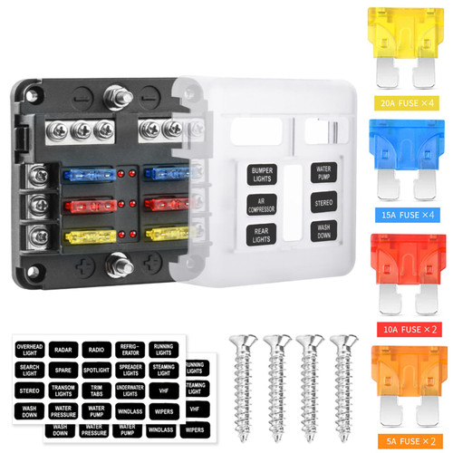 6 Way 12V Fuse Box Blade with LED Indicator Damp-Proof Cover - Individual Positive Fuse Holder with Ground Bus Holder for 12V/24V Vehicle Car Boat Marine Truck