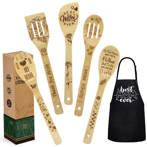 Personalized Mother’s Day Gifts for Mom From Daughter Son - Mom Birthday Gifts Women Christmas Gifts - Wooden Cooking Spoons with Funny Apron Kitchen Cooking Gift Set-1765343956