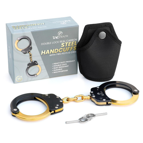 Handcuffs with Two Keys & Case| Heavy Duty Black and Gold Steal Professional Grade | Bend/Break Free Secure Handcuffs