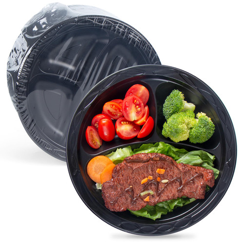 YANGRUI Disposable Plates BPA Free 9 Inch 150 Pack - Shrink Wrap Food Grade Mineral Filled PP | Reusable Microwave Safe Heat-Retention Design | Commercial Restaurant Black 3 Compartment Plastic Plate-1765344736