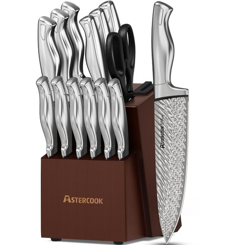 Astercook Knife Set, 15-Piece Kitchen Knife Set with Block, Built-in Knife Sharpener, German Stainless Steel Knife Block Set, Dishwasher Safe-1765345695