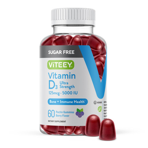 VITEEY Vitamin D3 Gummies for Adults & Teens - 5,000 IU, 125mcg, Ultra Strength - Sugar Free, Bone, Joint & Muscle Health, Immune Boost - Vegetarian, Gelatin Free - Tasty Chewable Berry Flavored Gummy