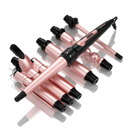 Curling Iron Wand Set, 5 in 1 Wave Hair Curler 0.35-1.25 Inch Interchangeable Ceramic Barrels Crimpers (Pink)