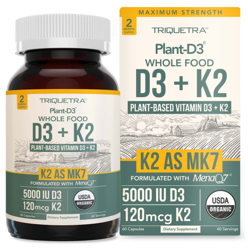 Organic Plant D3 + K2 | 5000 iu D3 + 120 mcg K2 as All-Trans MK7 from MenaQ7® - 100% Whole Food, Raw & Vegan | Enhanced Digestion with Prebiotic & Superfood Complex – D3 from Organic Algae (60 Count)-1765346219