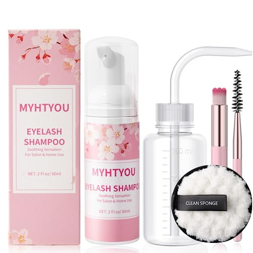 Lash Shampoo for Lash Extensions, Eyelash Extension Cleanser with Reusable Rinse Bottle and Makeup Remover Pad, 2 Cleansing Brush and Mascara Brush, Lash Cleaner for Home Care and Salon Use, 60ml