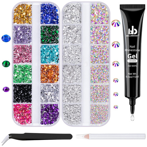 BELLEBOOST Nail Art Rhinestone Kit, 15ml Rhinestone Gel Glue+Colorful Gems+Flatback Glass Crystal AB&Clear Gemstones with Pickup Tools for Bedazzling Nail and Face Makeup