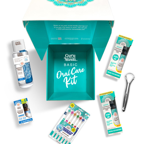 GuruNanda Basic Better Gums Regimen, 2 CocoMint Pulling Oil, Tongue Scraper, Butter on Gums Toothbrush (6 Count), Concentrated & Dual Barrel Mouthwash