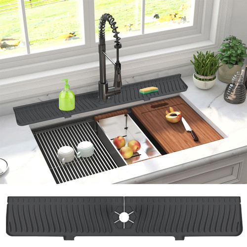 Derlights 30 inch Sink Splash Guard Mat,Silicone Faucet Handle Drip Catcher Tray, Longer Silicone Sink Mat for KitchenBathroom, Drip Protector Splash Countertop (black)