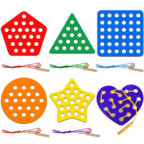 6 Pcs Lacing Toy Toddlers, Geometric Wooden Threading Toys, Educational and Learning Montessori Activity Baby and Kids, Fine Motor Skill Toys