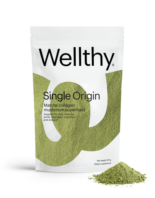 Wellthy Collagen Superfood Powder, Supports Hair, Skin, Nails, Cognition & Energy, Matcha, Mushroom Powder - Organic Lion's & Cordyceps Extracts, Certified Organic Matcha, Allergen-Free & Non-GMO
