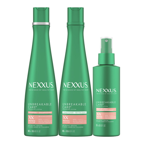 Nexxus Unbreakable Care Shampoo, Conditioner, and Leave-In Spray 3 Pack For Fine and Thin Hair with Keratin, Collagen, Biotin