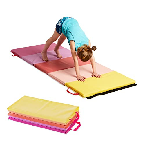 Hearthsong Kid's Tumbling Mat, 5-Panel Thick 1.25" Foldable Exercise Mat for Yoga, Pilates, Stretching, Folding Gymnastics Mats at Home, Gym Workout, Sun Colors