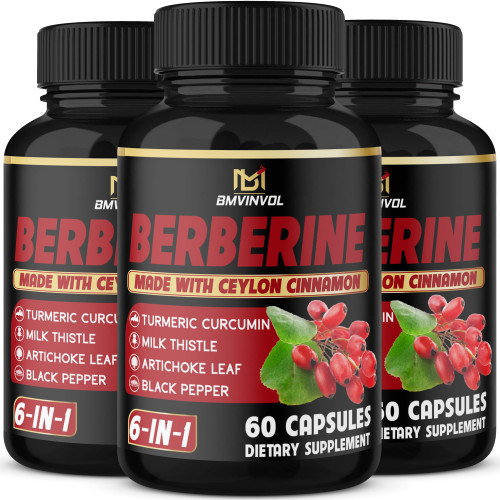 (3 Packs) Berberine Supplement Plus Ceylon Cinnamon, Milk Thistle, Turmeric, Artichoke Leaf, Black Peppe - 6 Month Supply - 180 Capsules Total-1765474000