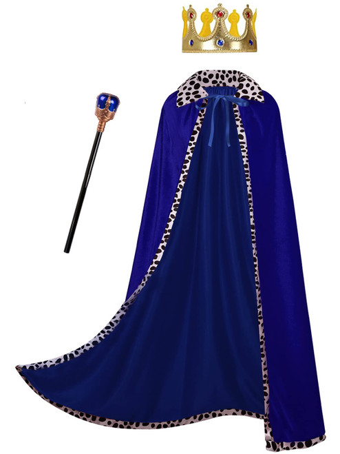 GRAJTCIN Mens King Costume Queen Robe Medieval Blue Velvet Cape Adult Mardi Gras Halloween Party Cloak with Crown Scepter (59", Blue)