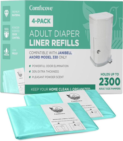 4 Pack Adult Diaper Liner Refills, Compatible with Janibell Akord 330 Model, Adult Diaper System to Eliminate Waste, Odor Resistant by Comficove 4 Pack Adult Diaper Liner Refills, Compatible with Janibell Akord 330 Model, Adult Diaper System to Eliminate Waste, Odor Resistant by Comficove