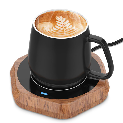 Coffee Mug Warmer for Desk - Wooden Auto Shut Off Drink Warmer for Milk Tea Water Cocoa - Smart Beverage Heating Candle Wax Plate - Hexagonal