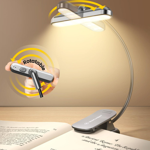 Glocusent Book Light Rotatable: 22 Led Rechargeable Book Light for Reading in Bed with Timer - Eye Caring 3 Color Temperatures, Stepless Dimming, 100Hrs Runtime Clip on Reading Light for Book Lovers