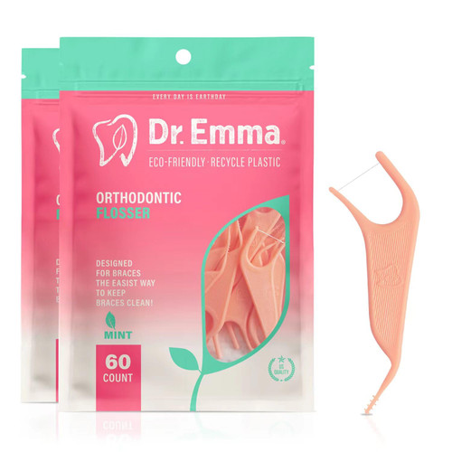 Dr. Emma Orthodontic Flossers for Braces, Ortho Dental Floss Picks, Mint Flavor 60 Count/Bag (Pink, 2pack)