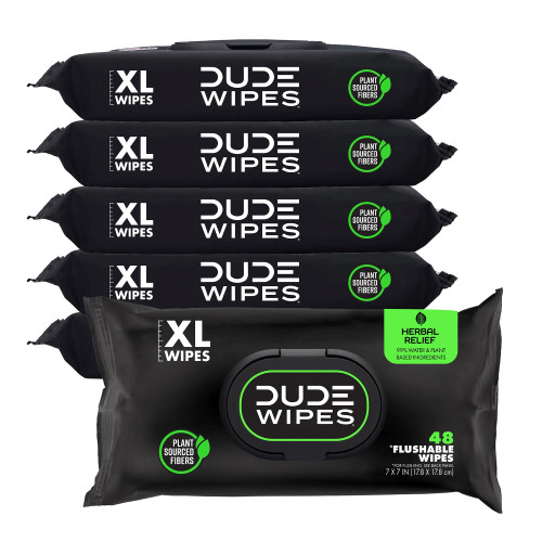 Dude Wipes - Flushable Wipes - 6 Pack, 288 Count - Herbal Relief Extra-Large - Witch Hazel & Geranium Essential Oils - Septic and Sewer Safe