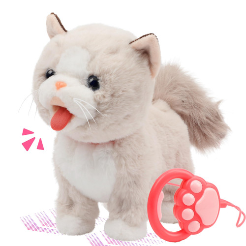Easfan 12" Walking Kitty Electric Interactive Talking Musical Cat Plush Toy with Remote Control Leash Meowing Tail Wagging Christmas Birthday Gifts for Kids Toddlers, Beige